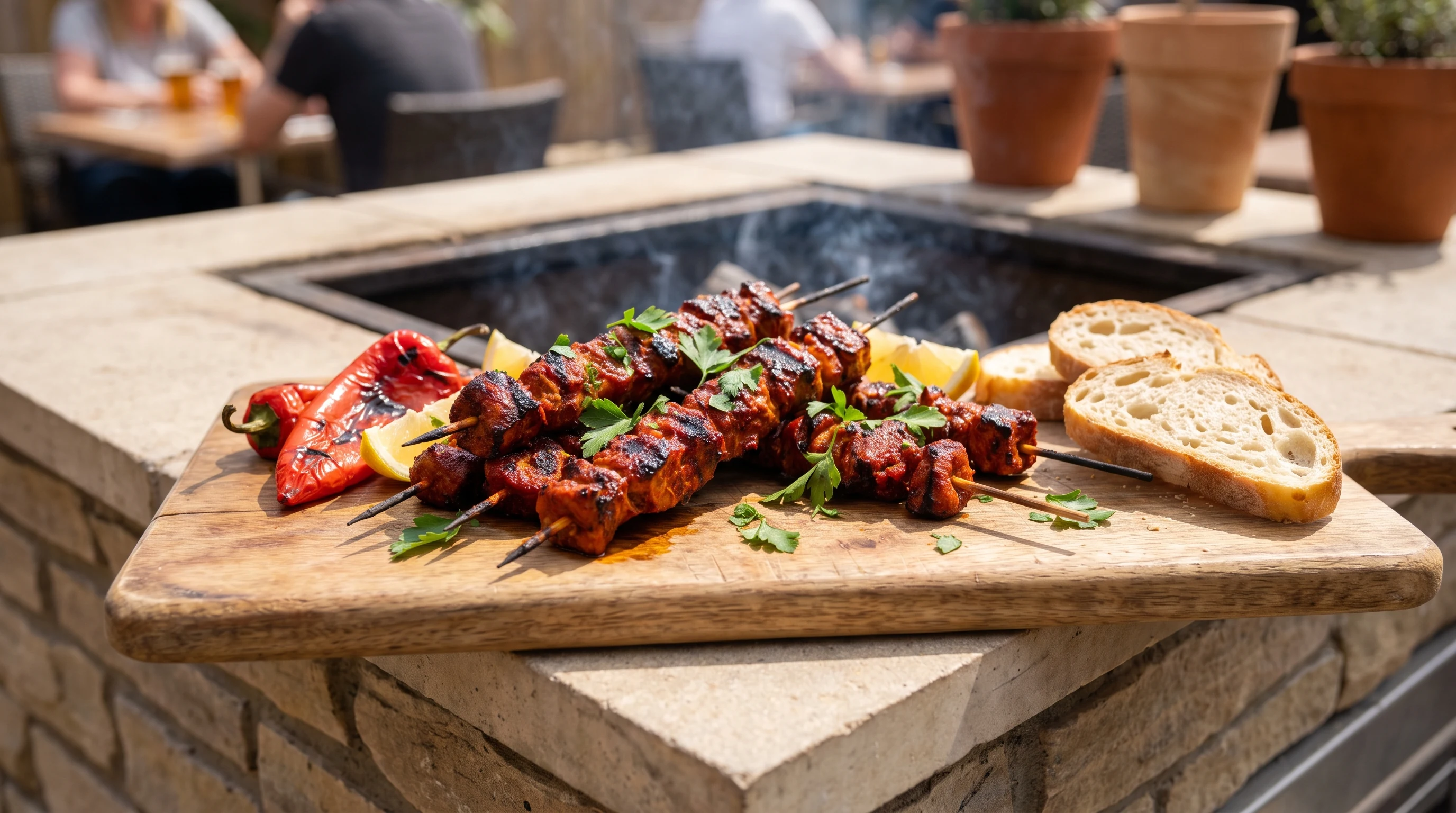 Pinchos Morunos grillen als realistisches Grillfoto aus Spanien mit frischen Zutaten und Röstaromen