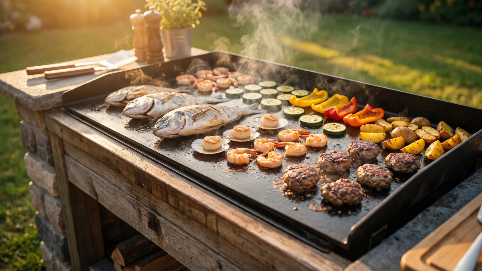 Heiße Plancha-Grillplatte mit Gemüse, Seafood und kleinen Patties im Garten