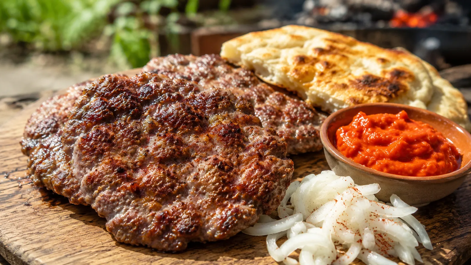 Pljeskavica grillen als große Balkan-Hacksteaks mit Ajvar, Zwiebeln und Fladenbrot