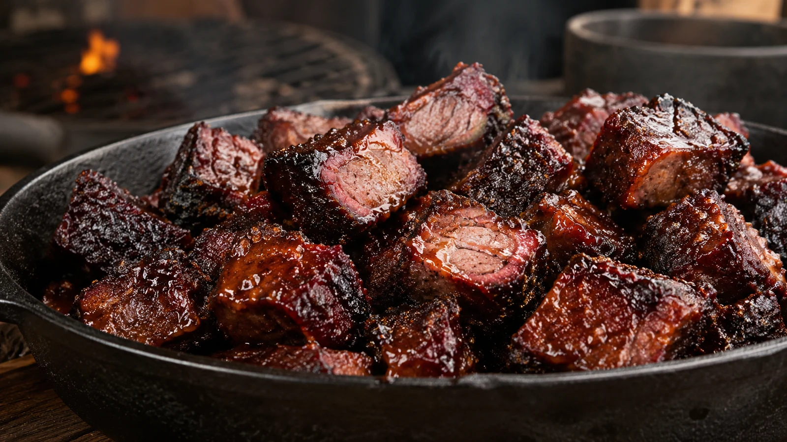 Poor Man’s Burnt Ends aus Rinderbug mit dunkler Kruste und BBQ-Glasur