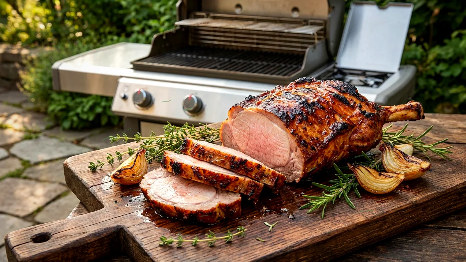 Puerto Rican Pernil aus dem Smoker als saftiger Schweinebraten mit dunkler Kruste