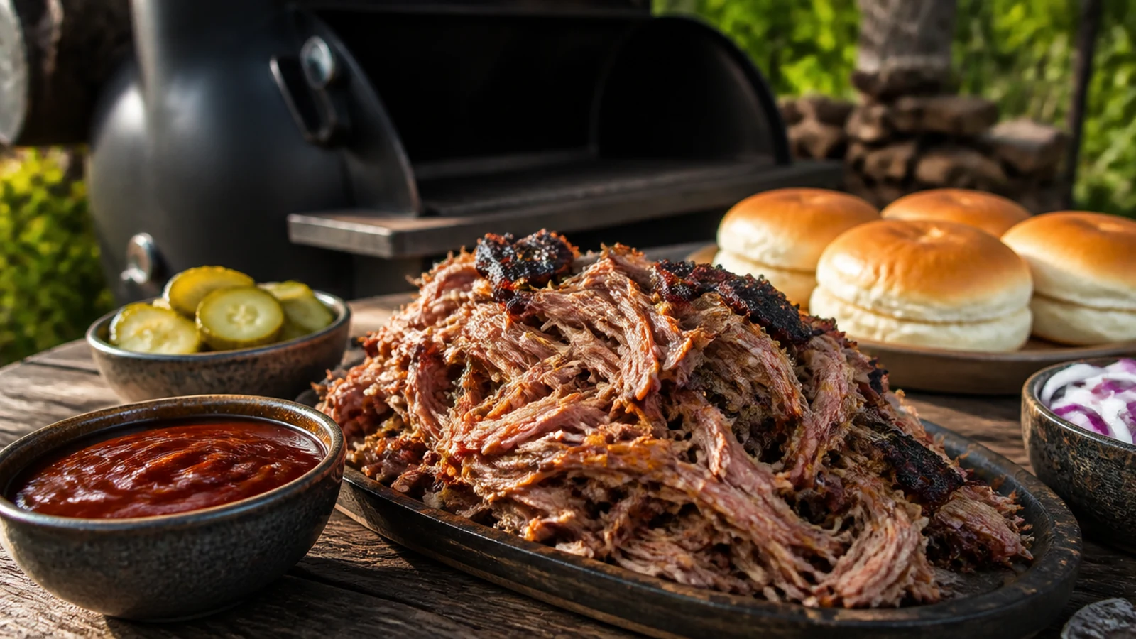 Low and Slow BBQ im Smoker mit großem Stück Schweinefleisch und Rauch