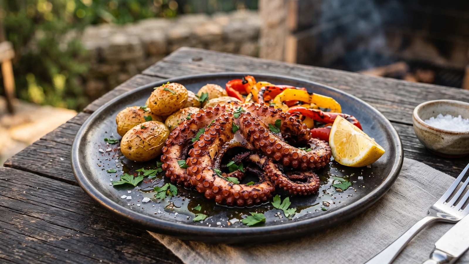 Gegrillte Pulpo-Tentakel mit kleinen Kartoffeln, Paprika und Zitrone