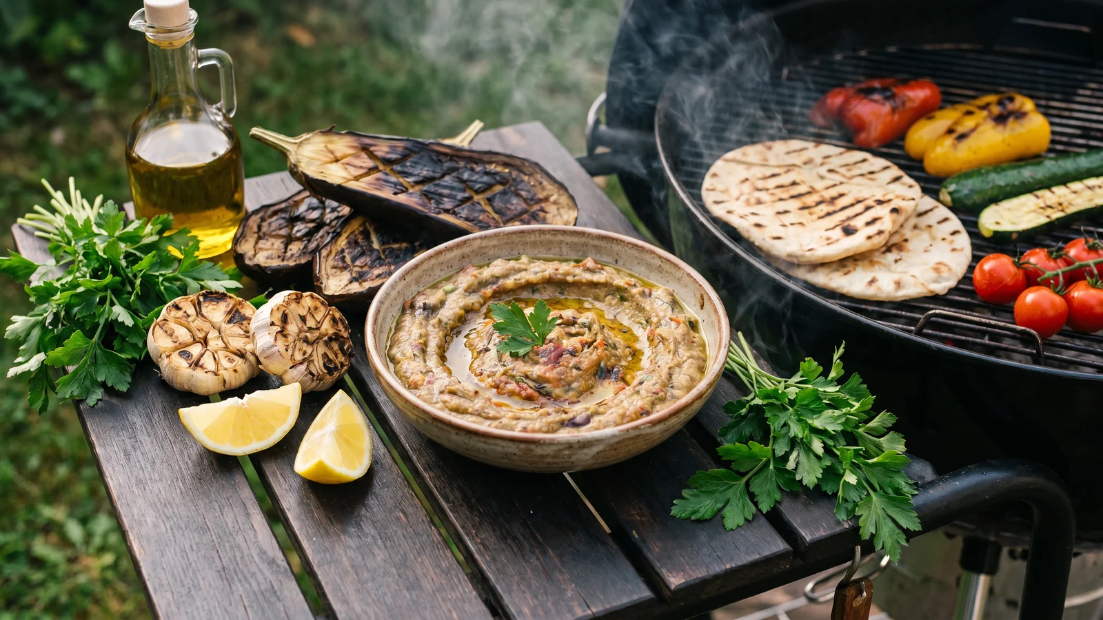 Rauchige Auberginencreme mit gegrillter Aubergine, Knoblauch, Zitrone und Fladenbrot