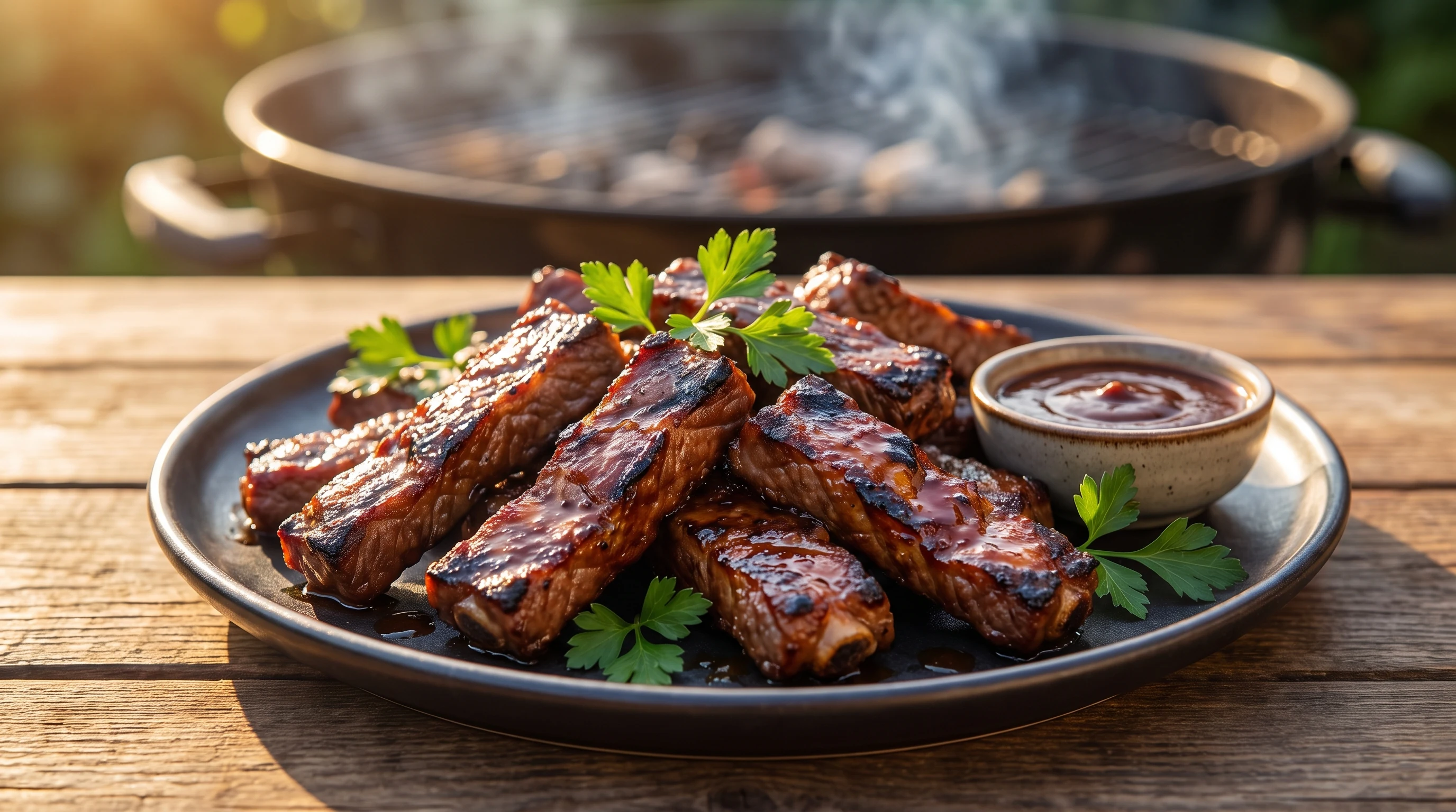 Rib Fingers grillen als realistische Grillaufnahme mit frischen Zutaten und Röstaromen