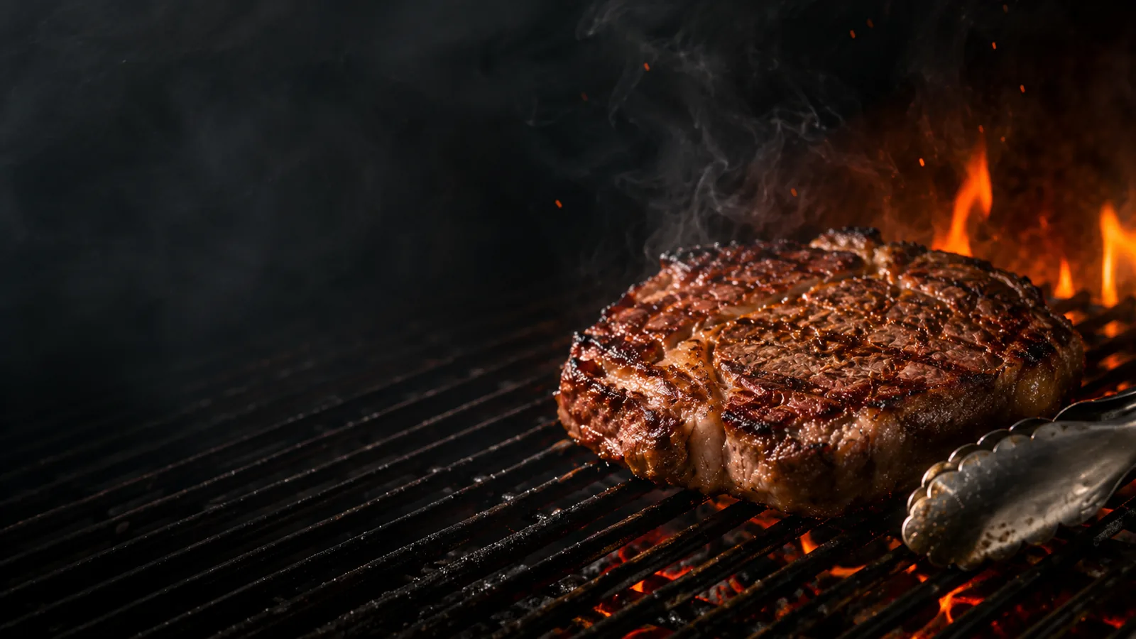 Ribeye Steak mit kräftigem Grillmuster auf dem heißen Grillrost