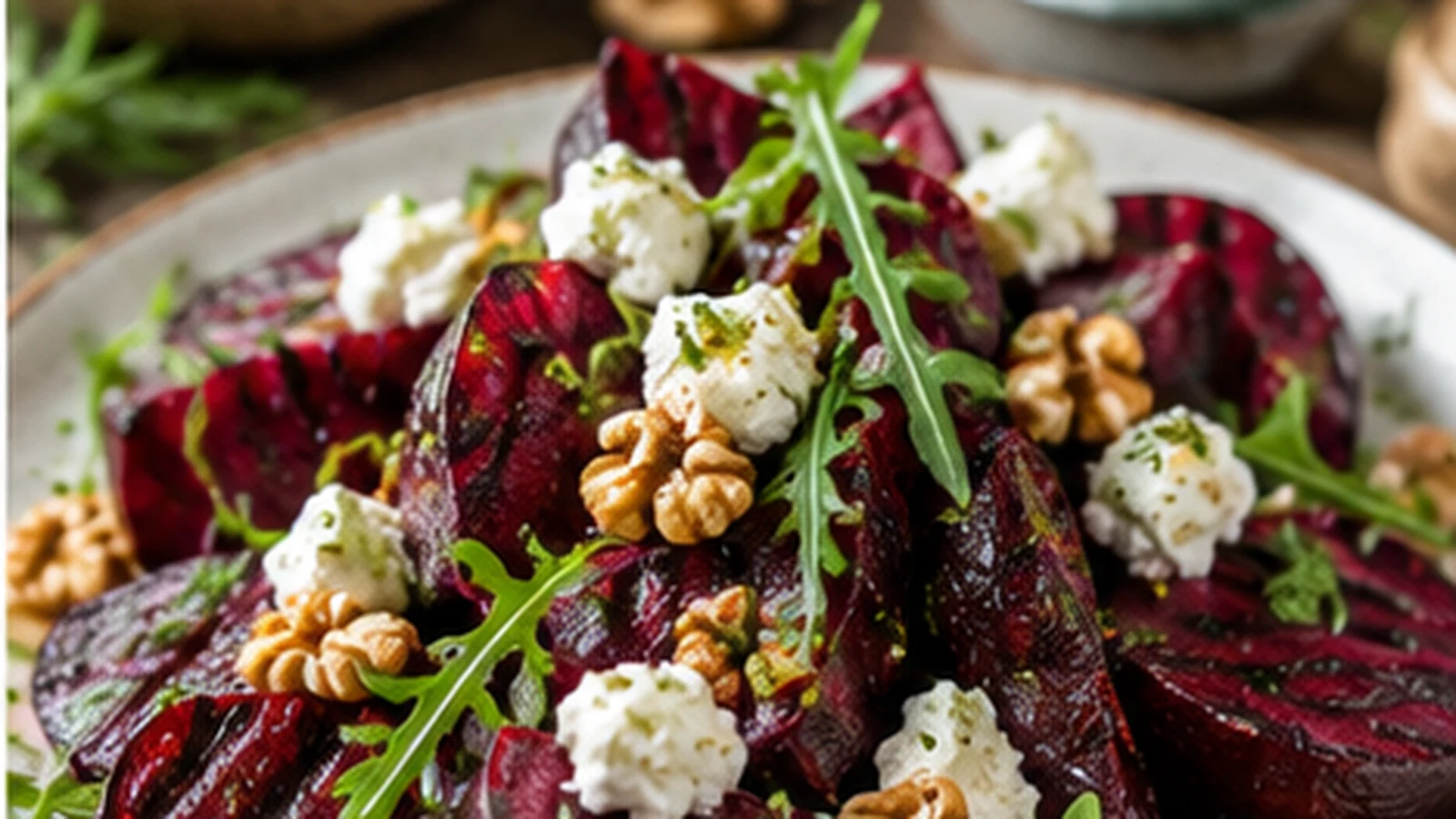 Gegrillte Rote-Bete-Scheiben mit Ziegenkäse, gerösteten Walnüssen, Kräutern und Balsamico