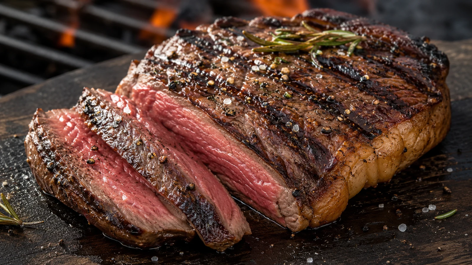 Gegrilltes Rumpsteak mit Grillstreifen und Rosmarin