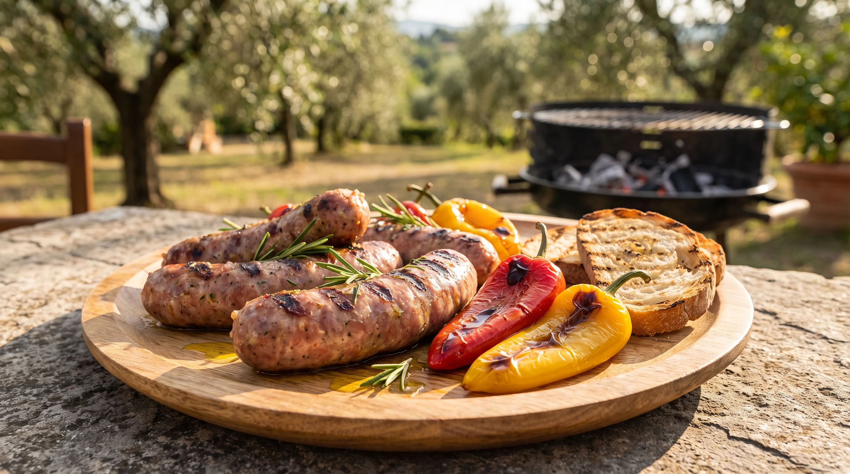 Salsiccia grillen als realistisches Grillfoto aus Italien mit frischen Zutaten und Röstaromen
