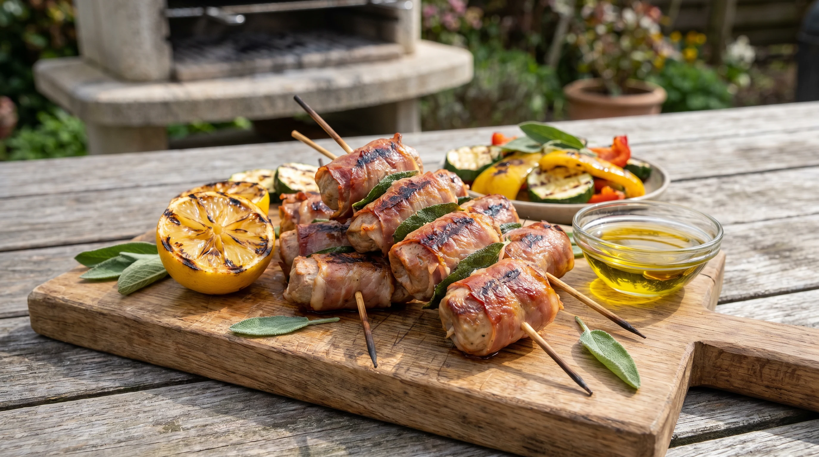 Saltimbocca-Spieße grillen als realistisches Grillfoto aus Italien mit frischen Zutaten und Röstaromen