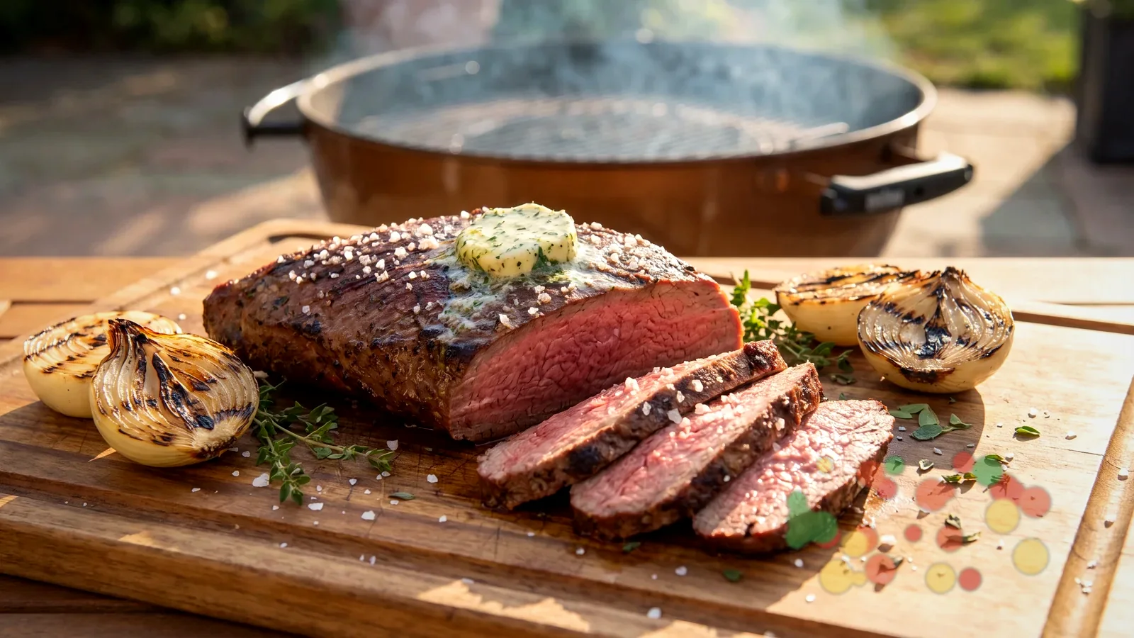 Aufgeschnittenes Santa Maria Tri-Tip vom Grill mit kräftiger Kruste und frischer Salsa