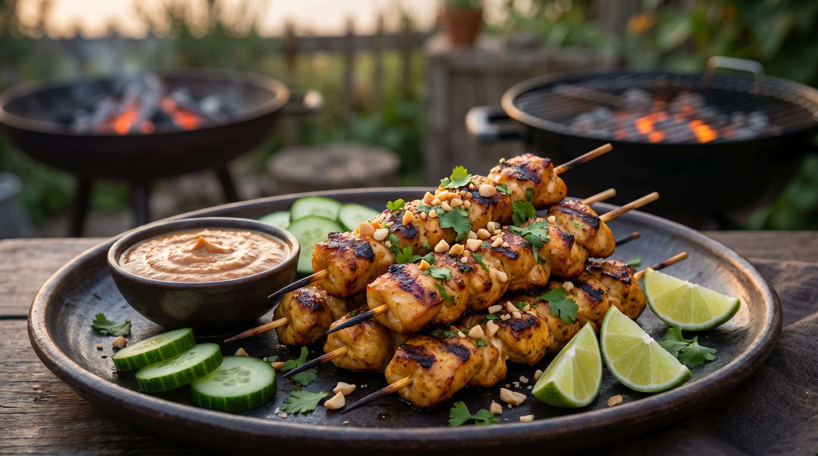 Satay-Spieße grillen als realistische Grillaufnahme mit frischen Zutaten und Röstaromen