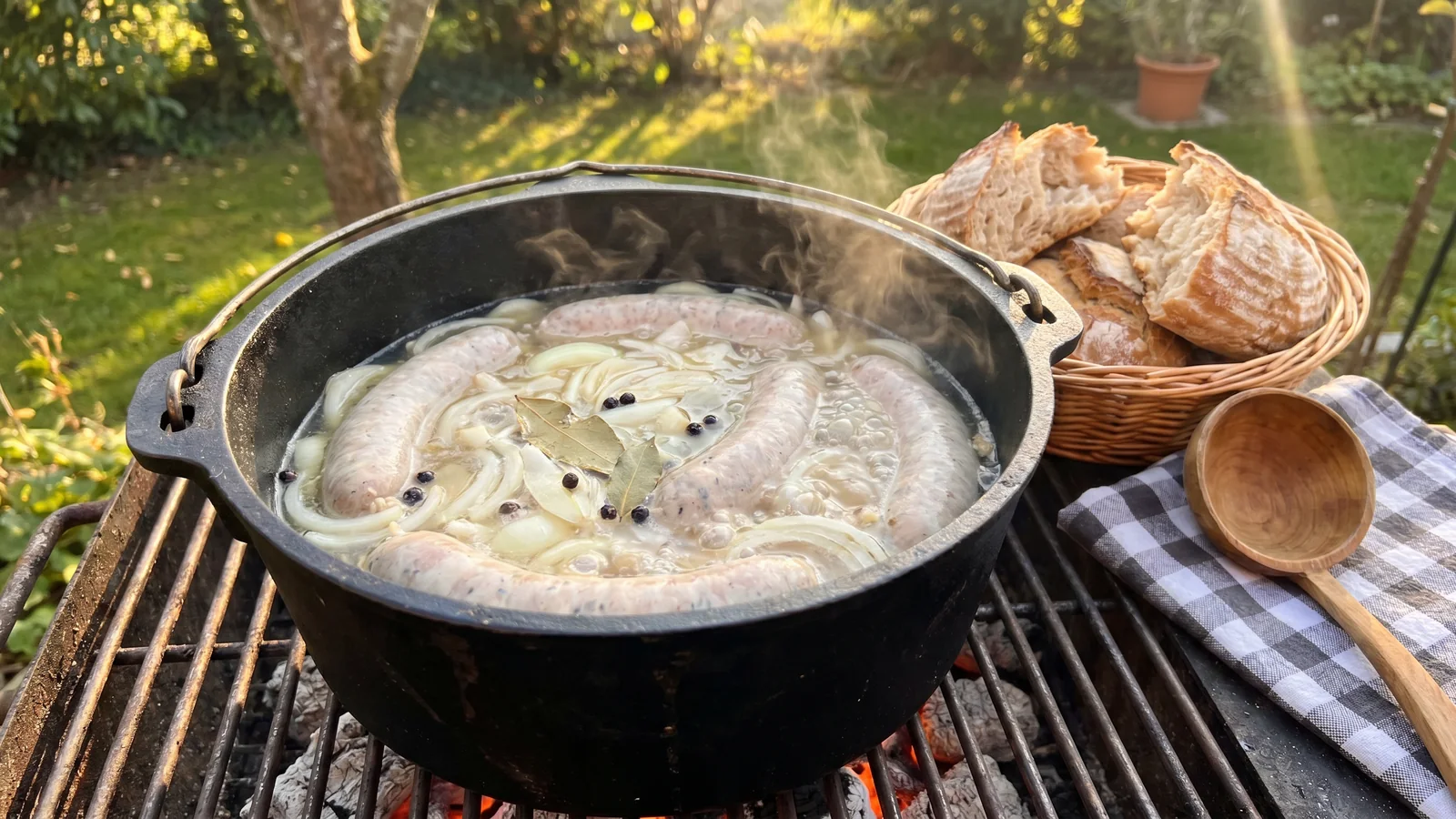 Saure Zipfel aus dem Grilltopf mit Bratwürsten, Zwiebeln, Lorbeer und Essigsud im Dutch Oven