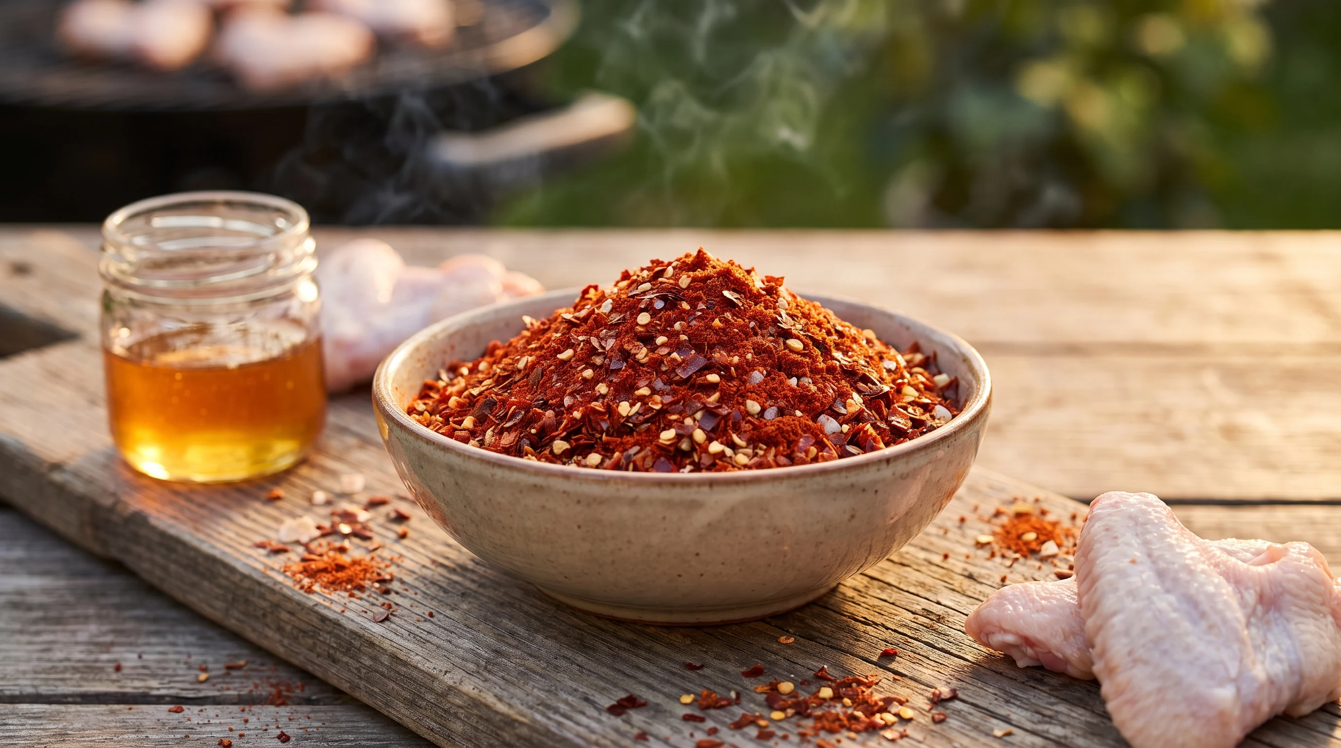 Scharfer Chili-Honig-Rub für Wings in einer Schüssel mit Chilis, Honigglas und Hähnchenflügeln