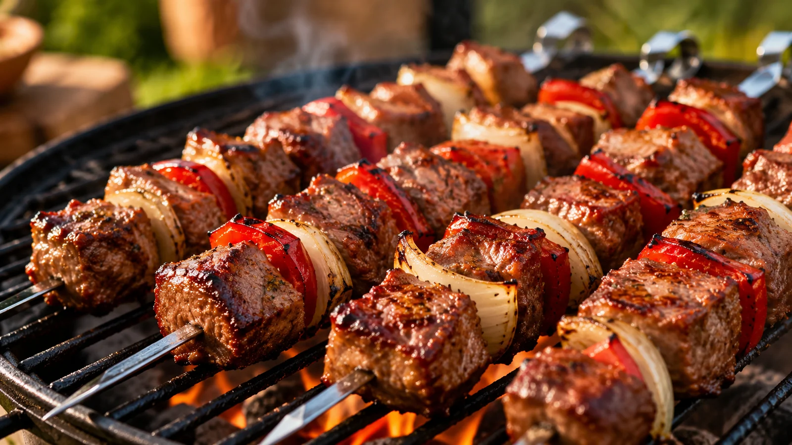 Schaschlik vom Grill mit Fleisch, Paprika, Zwiebeln und kräftigen Röstaromen