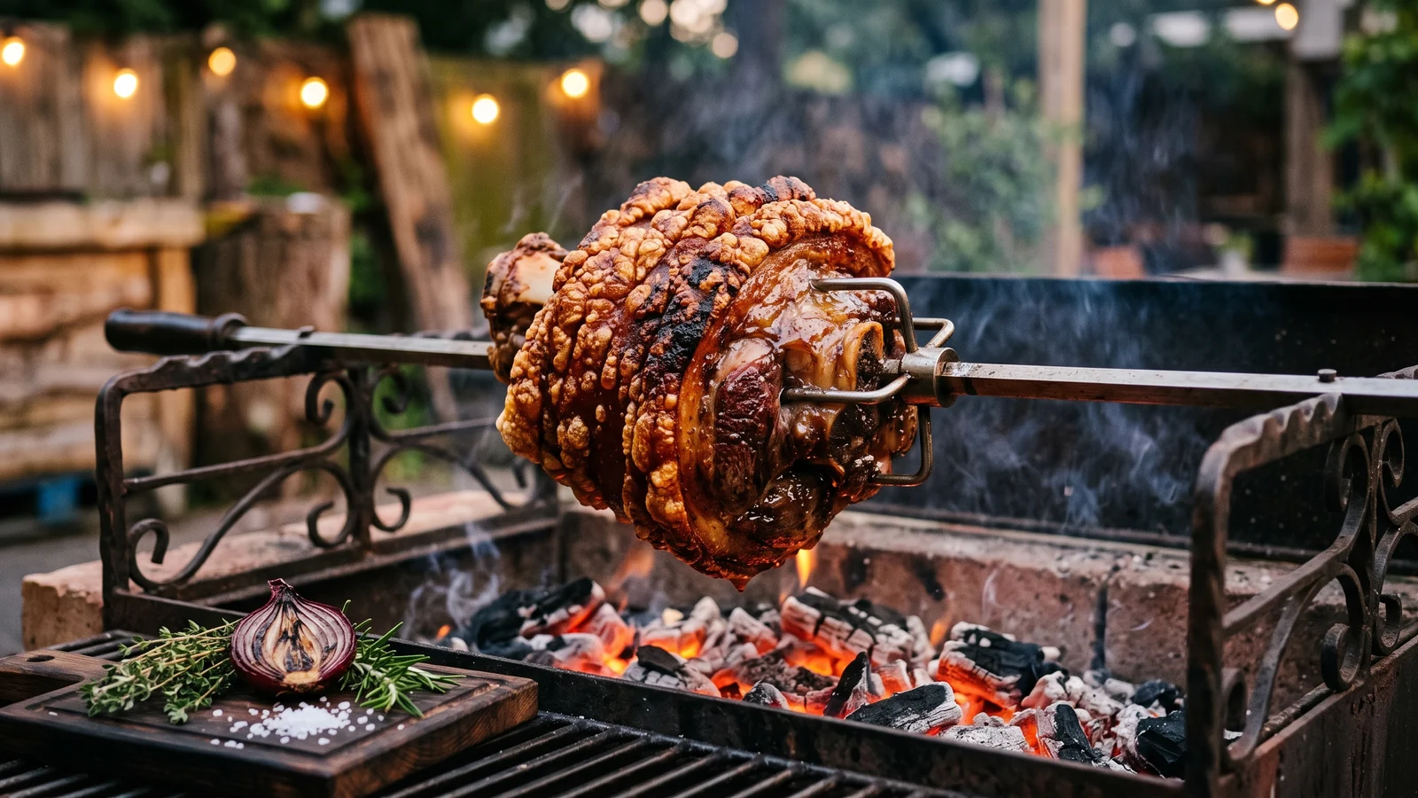 Knusprige Schweinshaxe mit aufgepoppter Schwarte auf dem Drehspieß