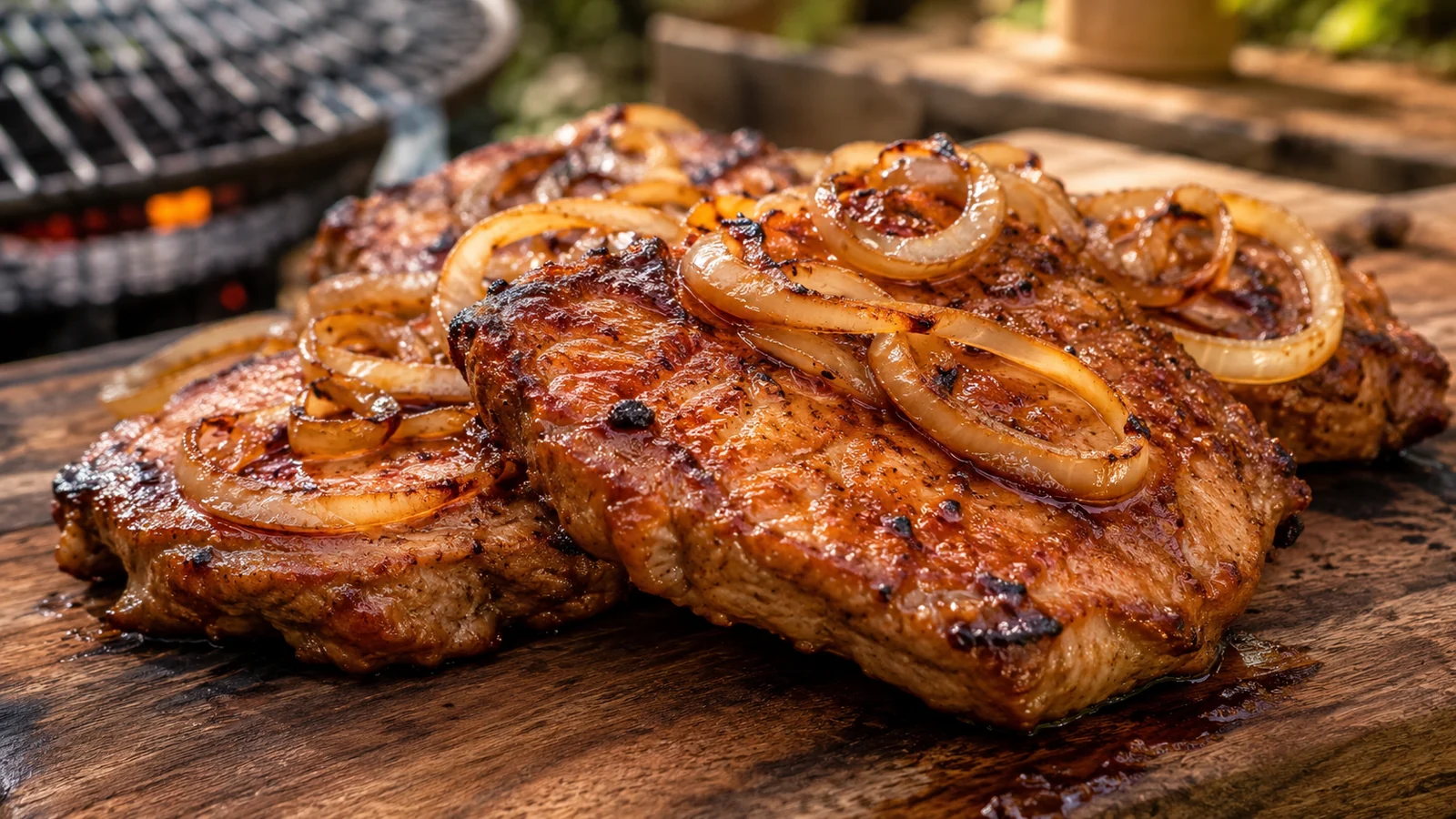 Senf-Zwiebel-Steaks vom Grill mit kräftiger Kruste und Zwiebelringen