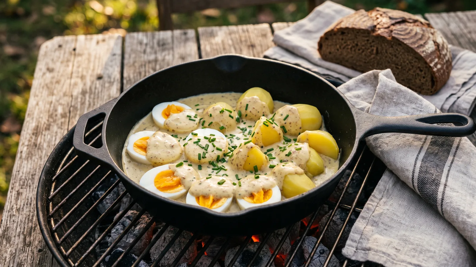 Senfeier aus der Gusseisenpfanne mit Kartoffeln und cremiger Senfsauce