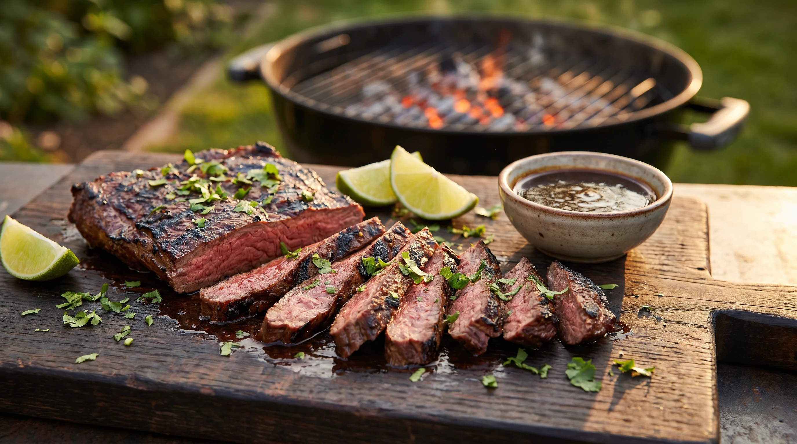 Skirt Steak grillen als realistische Grillaufnahme mit frischen Zutaten und Röstaromen