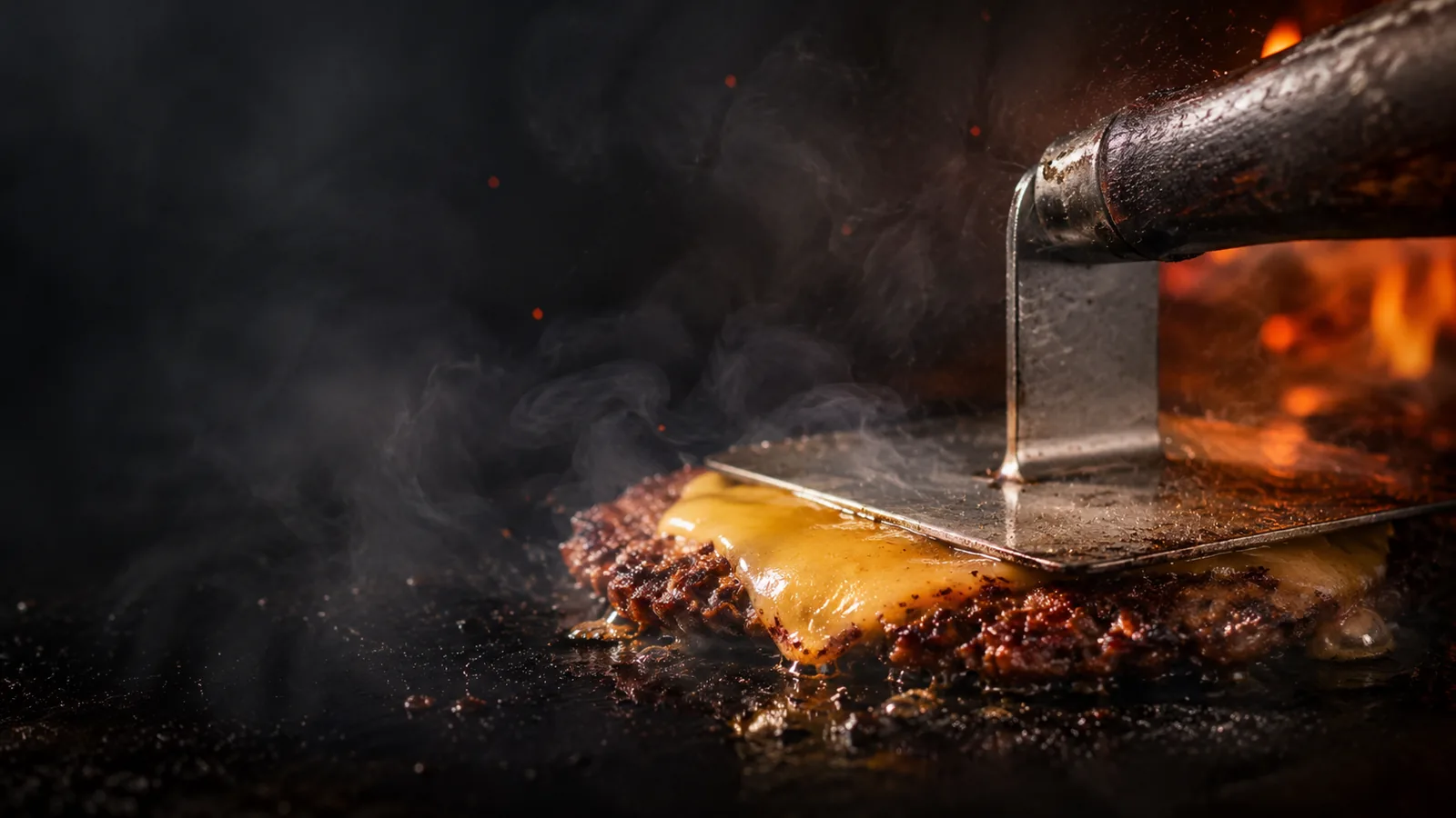 Smash Burger Patty mit geschmolzenem Käse auf einer heißen Plancha