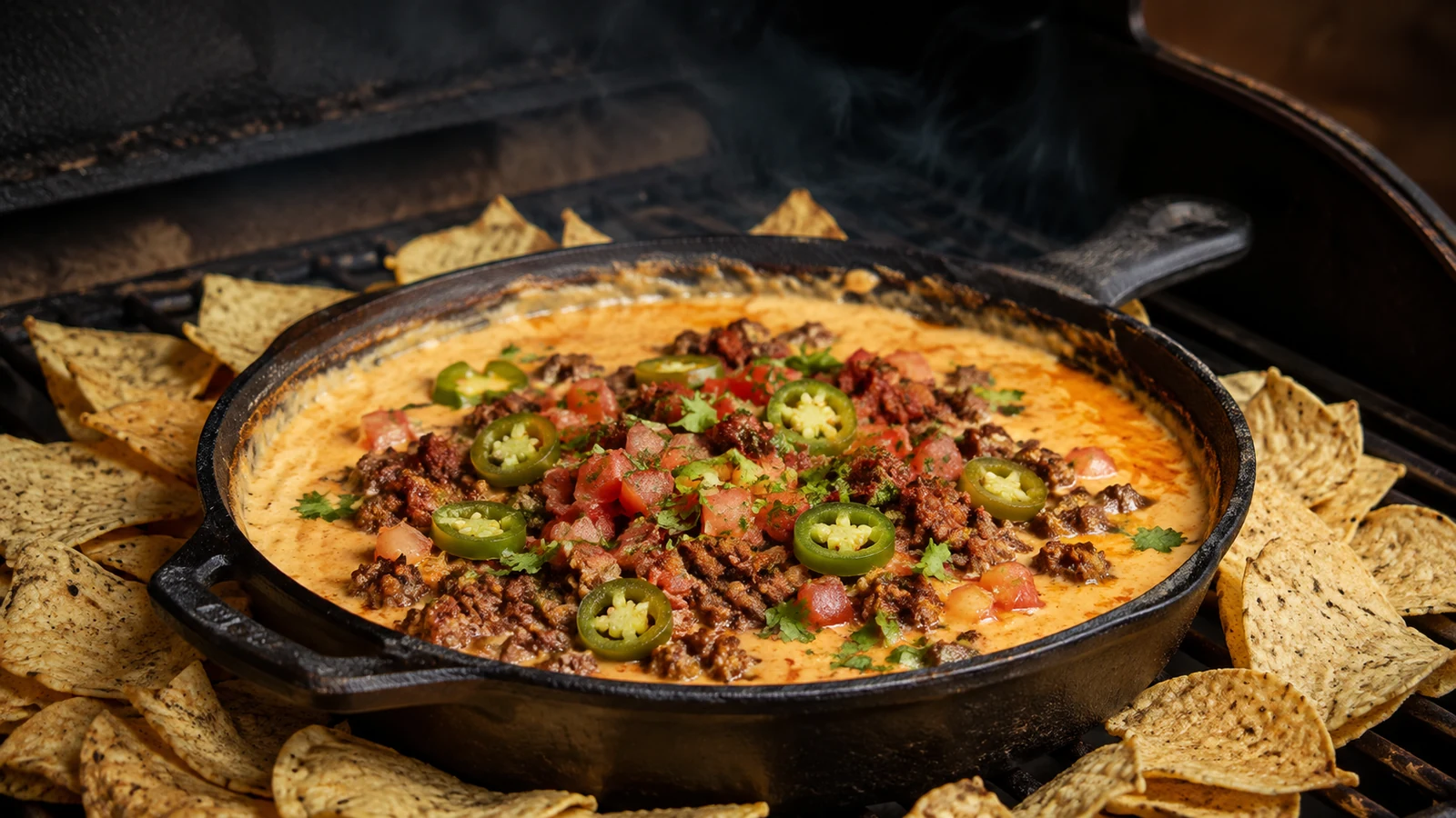 Smoked Queso in der Gusseisenpfanne mit Hackfleisch und Jalapeños