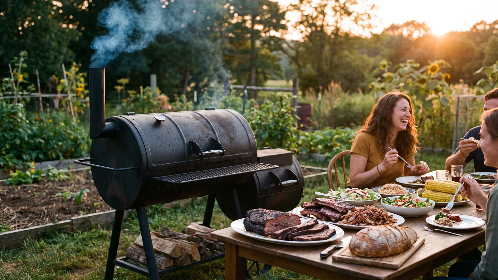 Großer Smoker im Garten mit leichtem Rauch und BBQ-Gerichten auf einem Holztisch
