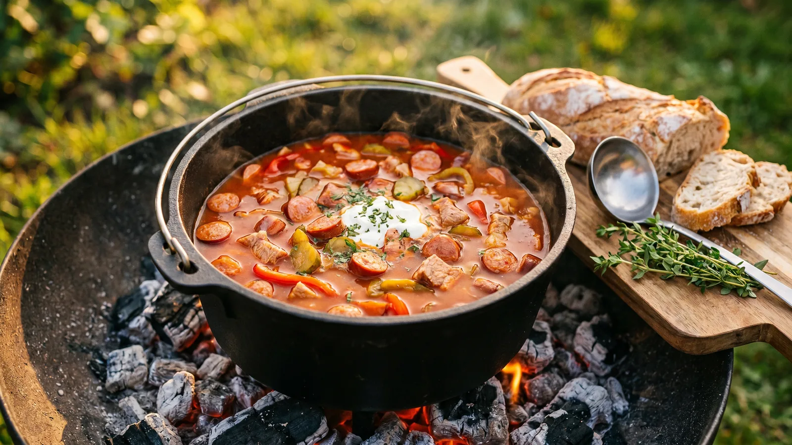 Soljanka aus dem Dutch Oven mit Wurst, Paprika, sauren Gurken und Schmand