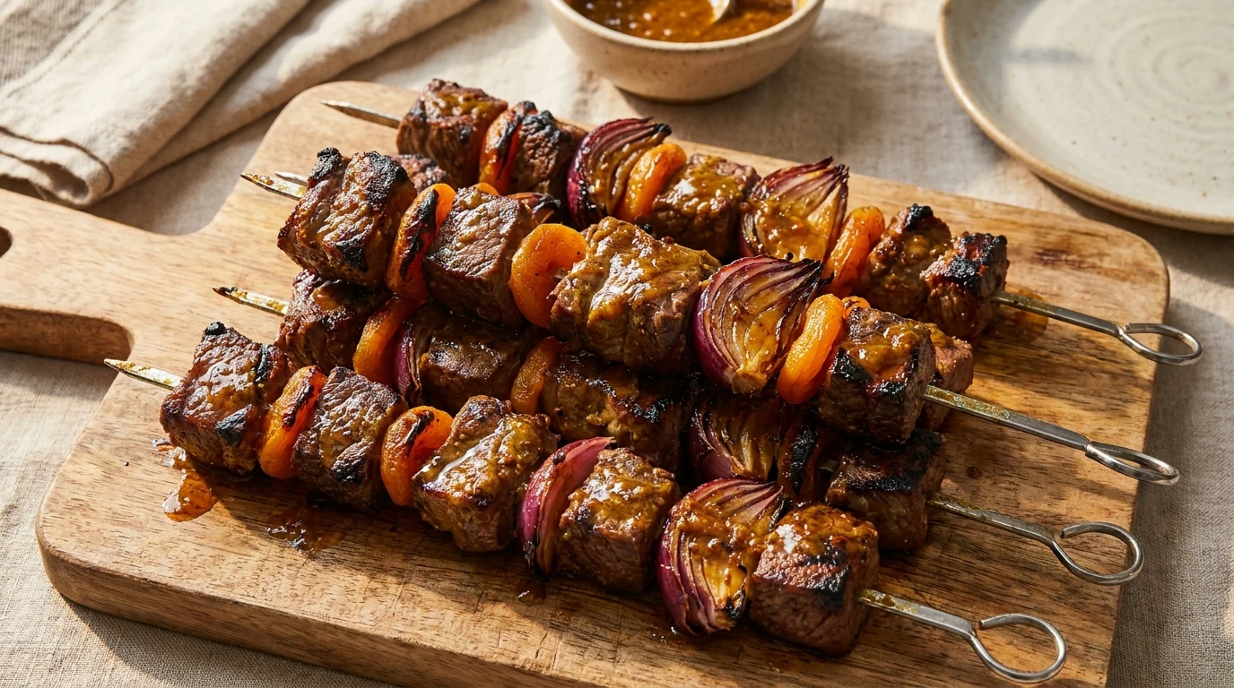 Sosatie Marinade mit Curry, Aprikose, Essig und Fleischspießen für den Braai
