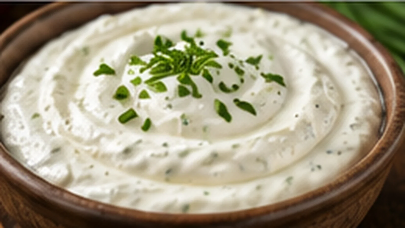 Sour Cream mit Schnittlauch und Pfeffer in einer Holzschale