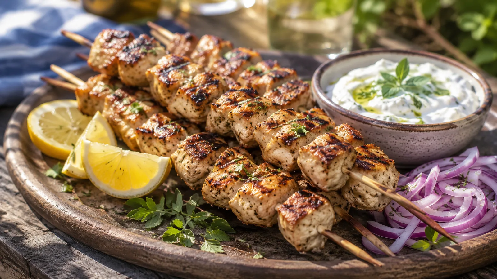 Souvlaki grillen mit gegrillten Fleischspießen, Zitrone, roten Zwiebeln und Tzatziki