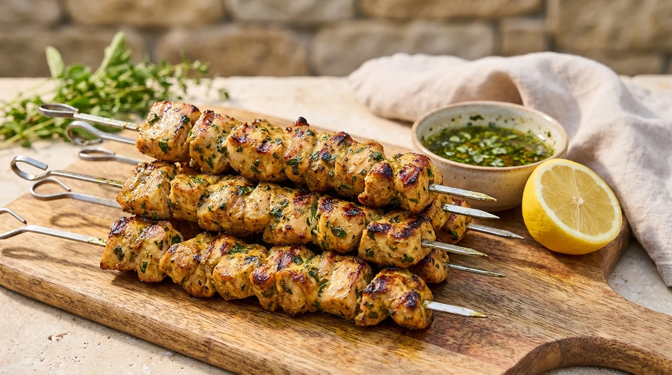 Spiedie Marinade für Grillspieße mit Kräutern, Zitrone und Fleischwürfeln auf Holzspießen