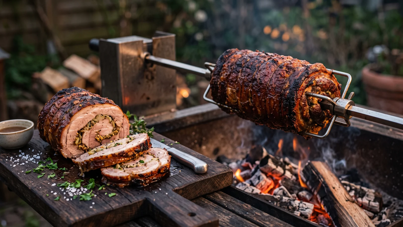 Gefüllter Spießbraten mit knuspriger Kruste auf dem Drehspieß über Glut
