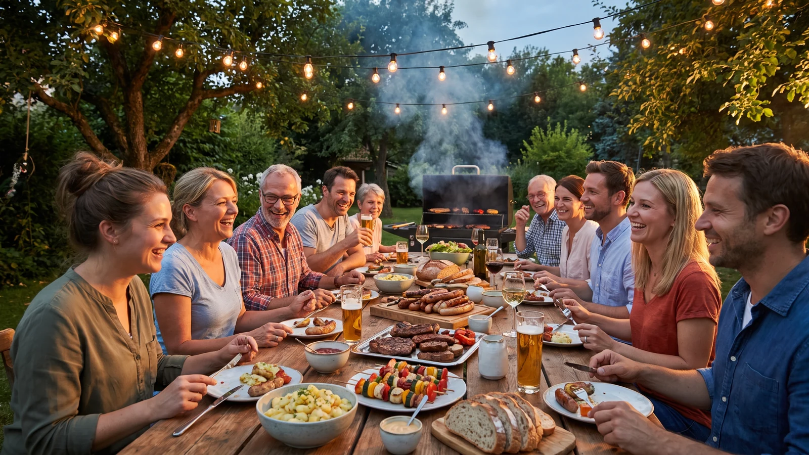 Freunde und Familie essen gemeinsam an einer langen Tafel bei einem stimmungsvollen Grillabend im Garten