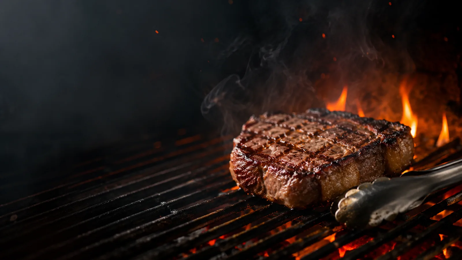 Saftig gegrilltes Steak auf dem Rost mit Flammen im Hintergrund