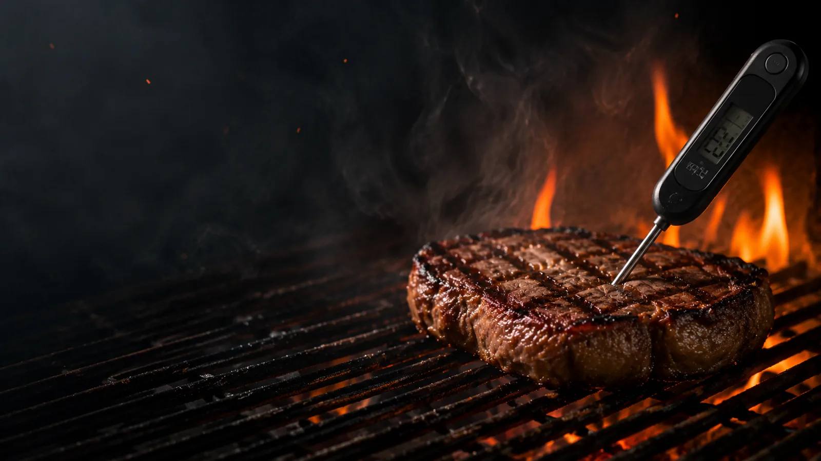 Steak auf dem Grill mit eingestecktem Grillthermometer zur Messung der Kerntemperatur