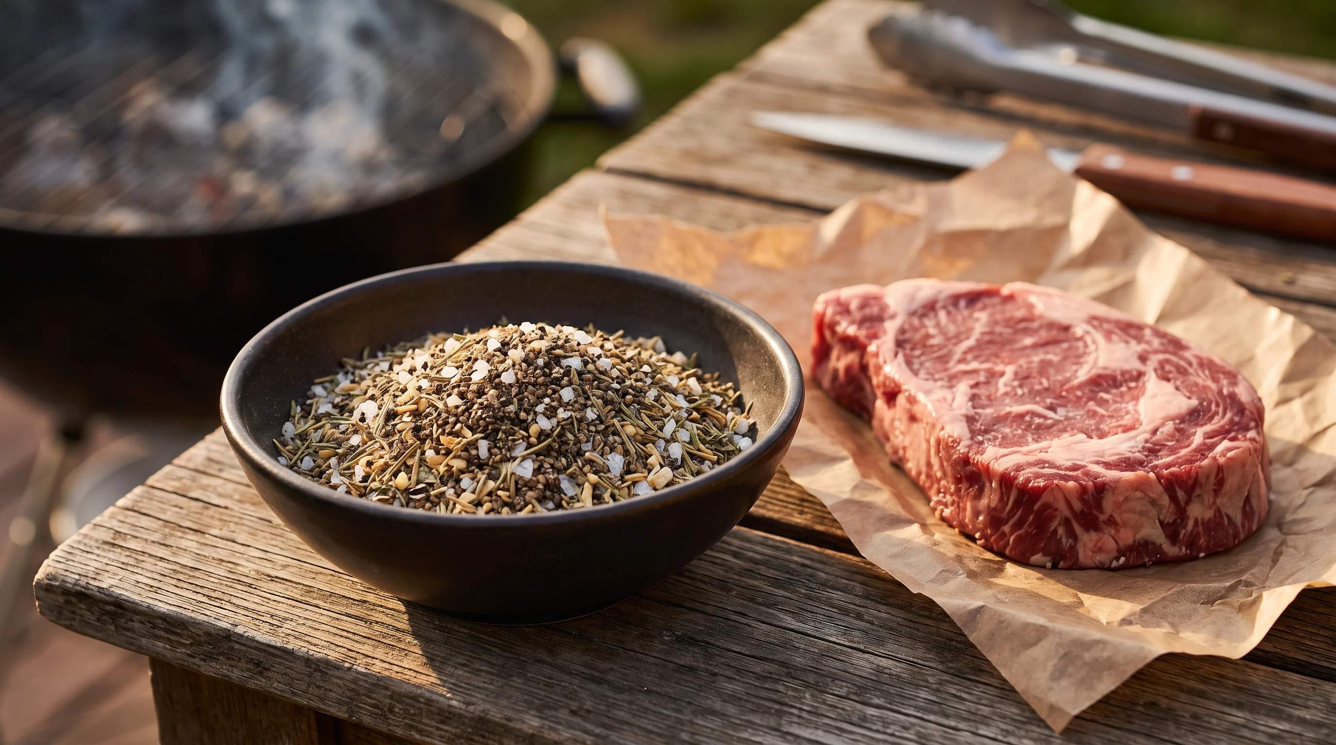 Steak Rub mit Pfeffer, Salz und Kräutern in einer dunklen Schüssel mit rohem Ribeye-Steak