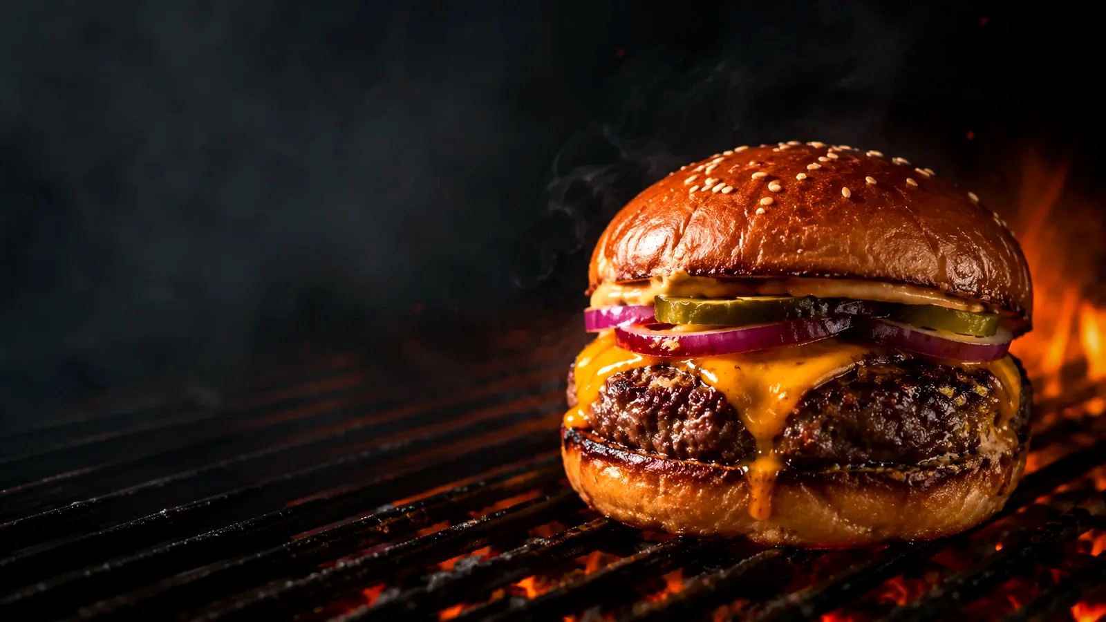 Steakhouse Burger mit dickem Rindfleisch-Patty, Cheddar und Bacon vom Grill