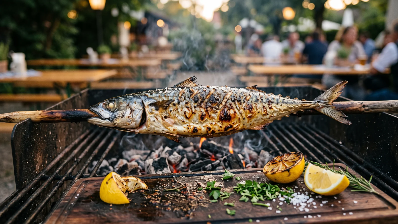 Ganze gegrillte Makrele als Steckerlfisch auf einem Holzstab über Glut