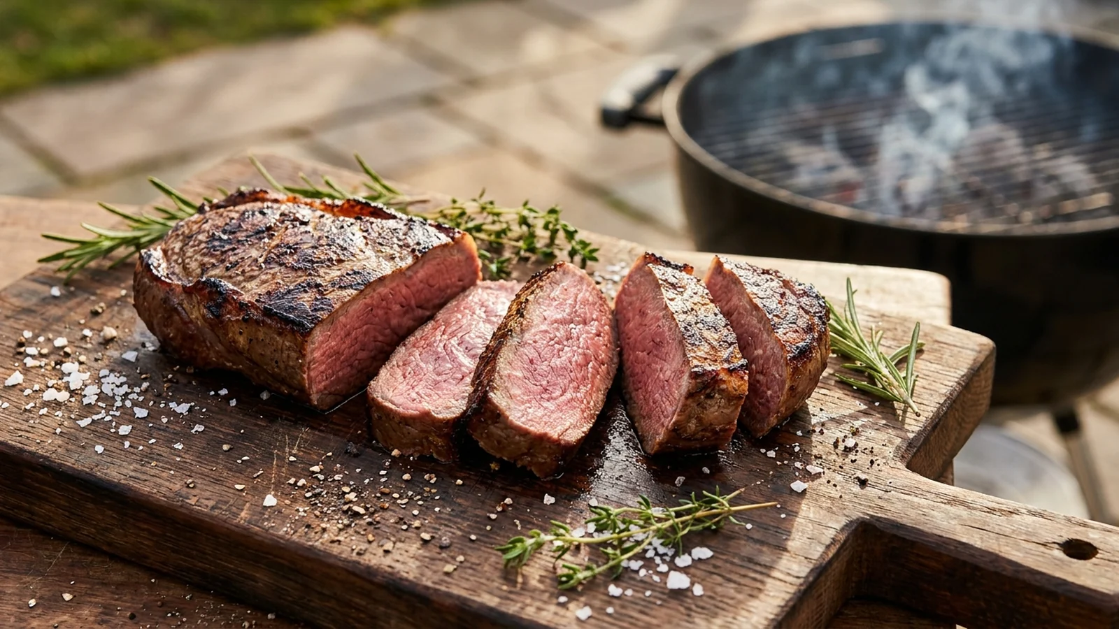 Gegrilltes Straußensteak in Scheiben auf einem Holzbrett am Grill