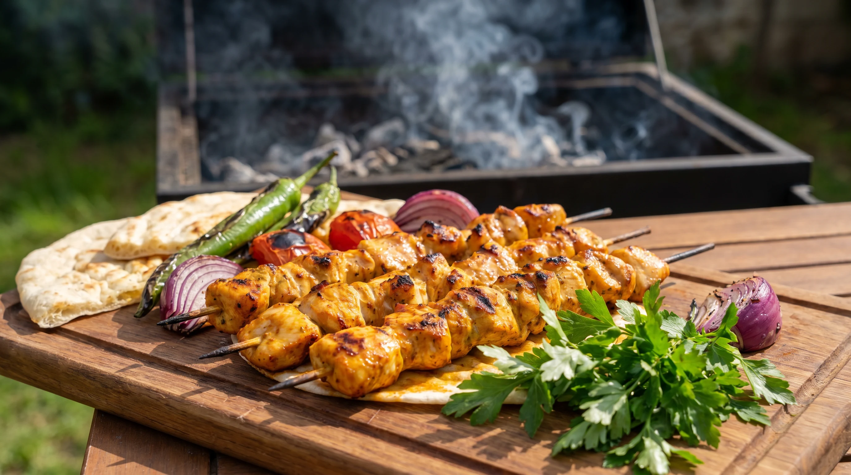 Tavuk Şiş grillen als realistisches Grillfoto aus Türkei mit frischen Zutaten und Röstaromen