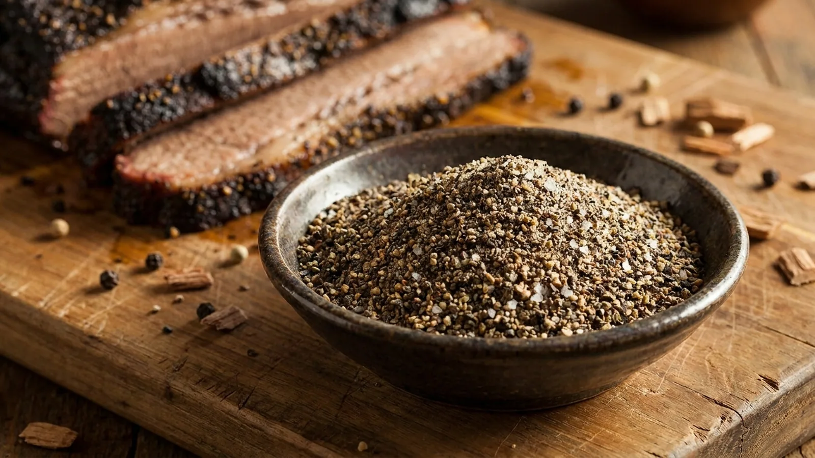 Texas Brisket Rub mit grobem Pfeffer, Salz und geräucherter Rinderbrust