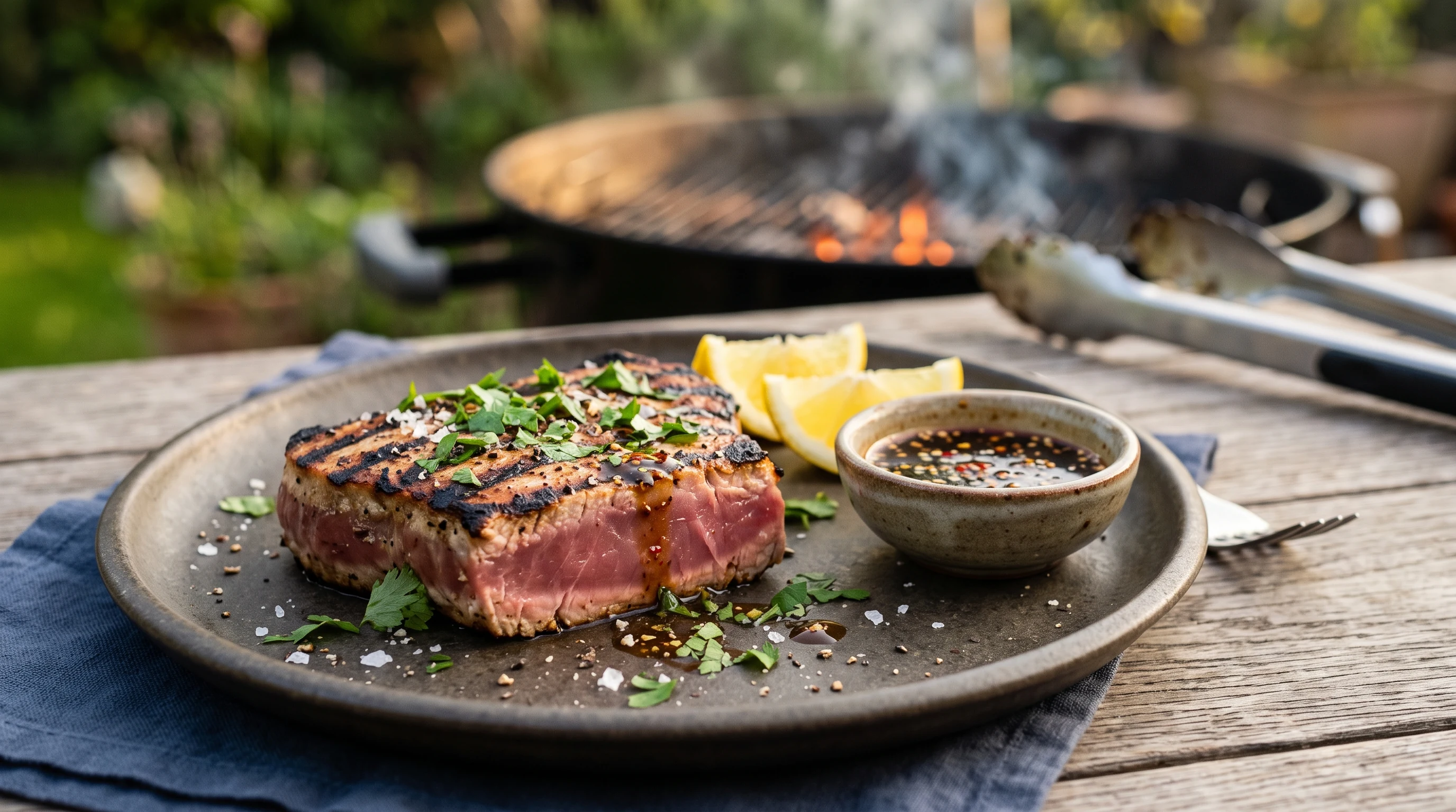 Thunfischsteak grillen als realistische Grillaufnahme mit frischen Zutaten und Röstaromen