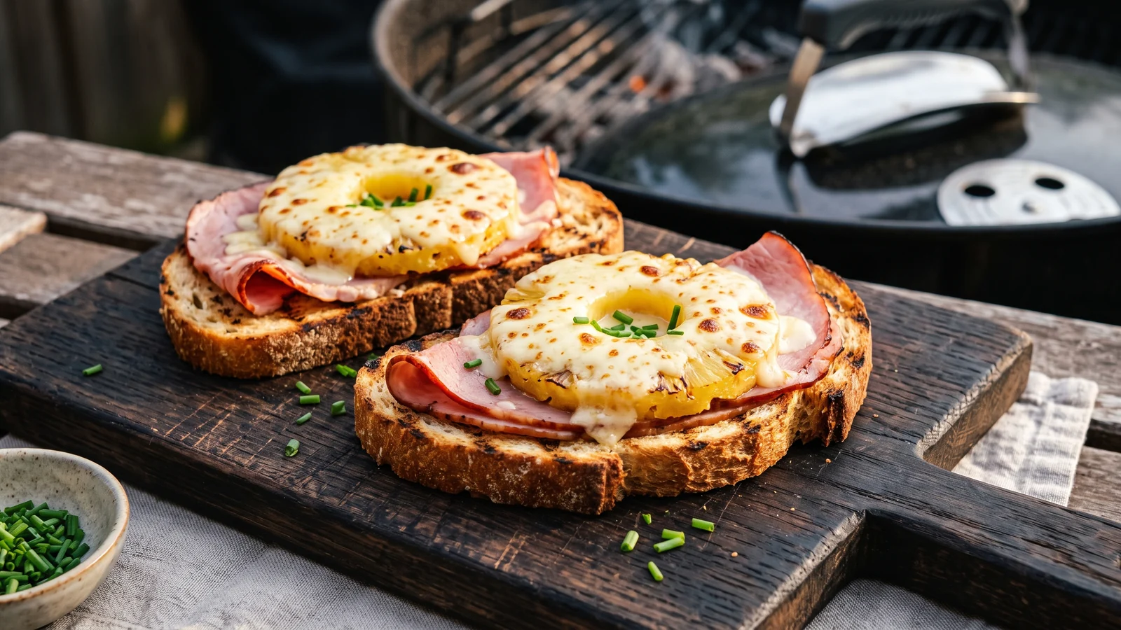 Zwei knusprige Toast Hawaii mit Schinken, Ananas und geschmolzenem Käse