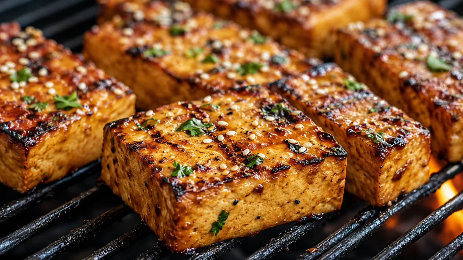 Marinierter Tofu vom Grill mit Kräutern und Röstaromen