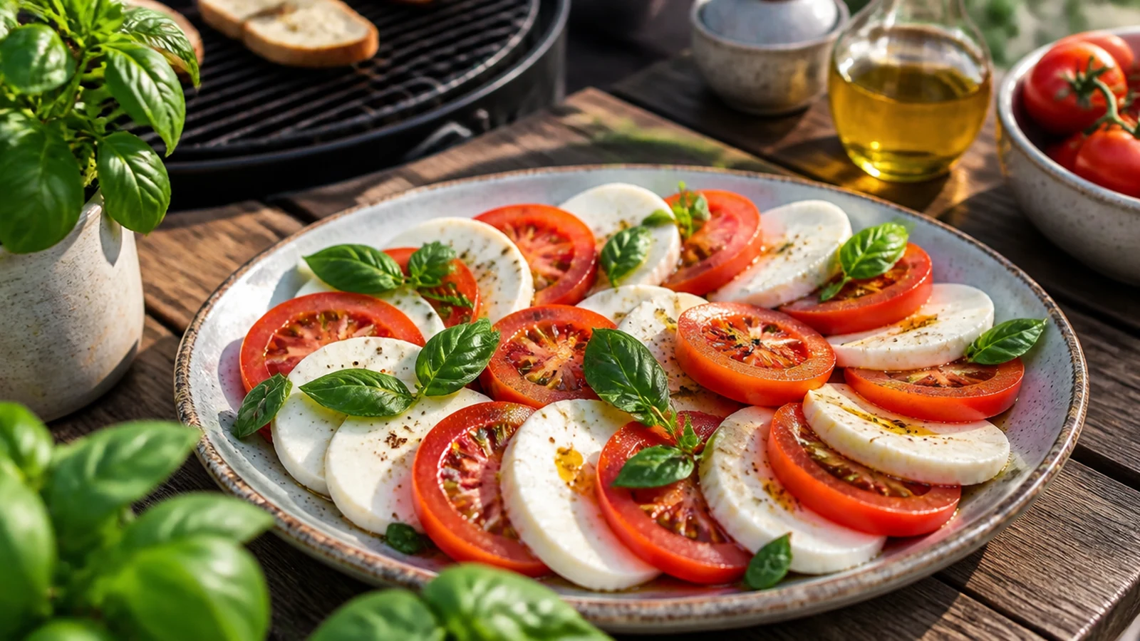 Tomaten Mozzarella Salat mit Basilikum und Balsamico als Grillbeilage