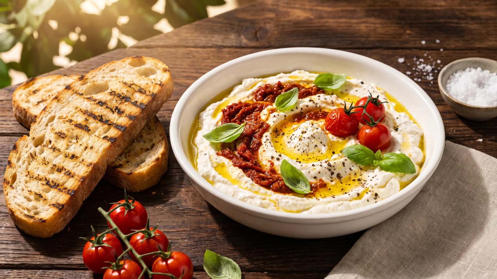 Tomaten-Ricotta-Dip mit Basilikum, getrockneten Tomaten, Olivenöl und Grillbrot