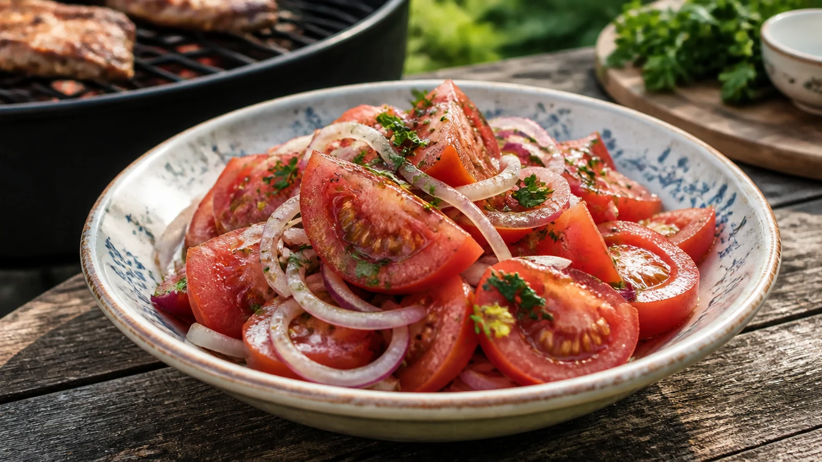 Tomaten-Zwiebel-Salat wie früher appetitlich angerichtet als Grillbeilage in einer natürlichen Food-Szene