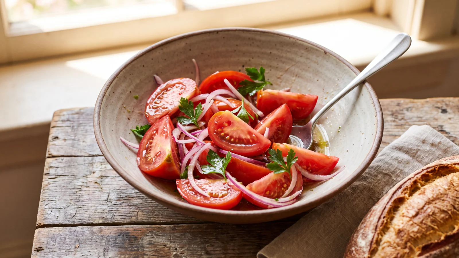Tomaten-Zwiebel-Salat wie früher appetitlich angerichtet als Grillbeilage in einer natürlichen Food-Szene