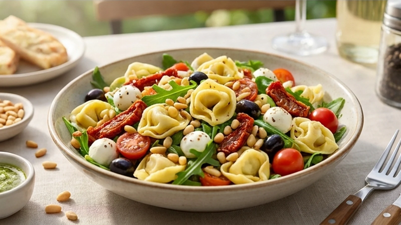 Tortellinisalat mit getrockneten Tomaten, Rucola, Mozzarella, Oliven und Pinienkernen