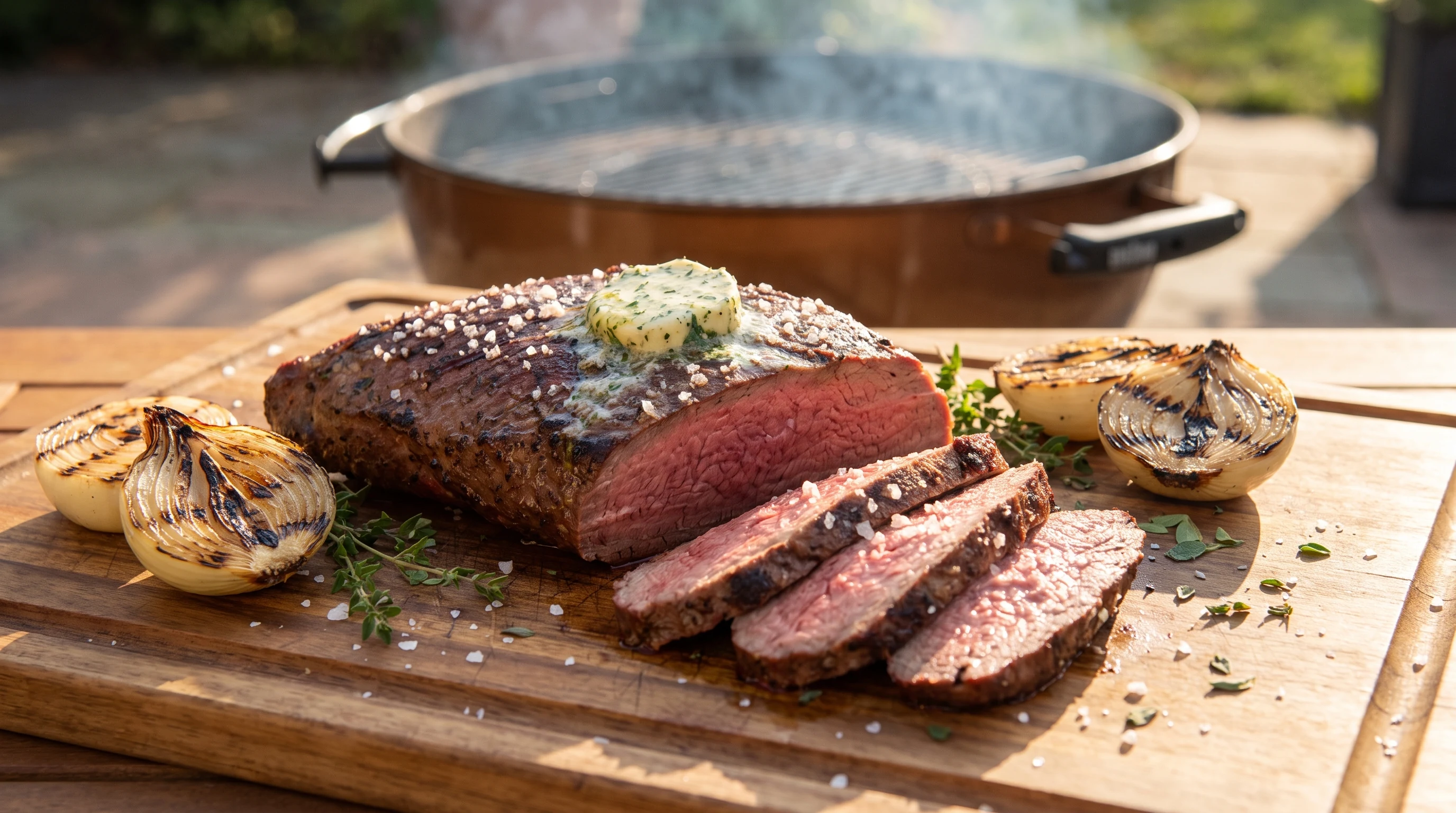 Tri Tip grillen als realistische Grillaufnahme mit frischen Zutaten und Röstaromen